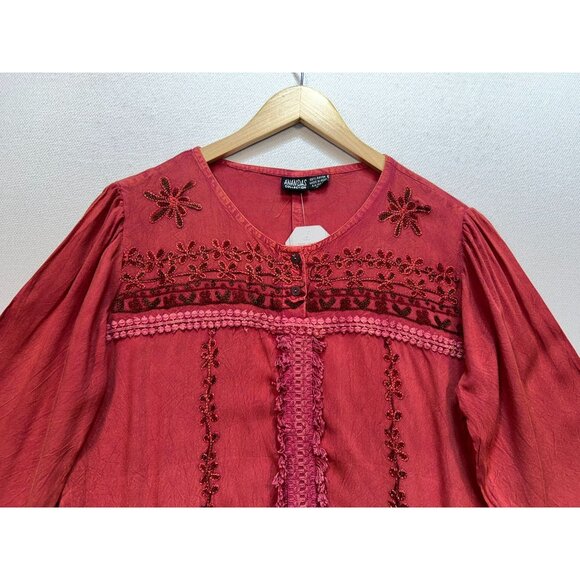 NWT Anandas Collection Womens Tunic Blouse Large Red Embroidered Casual Boho Top - Picture 5 of 13